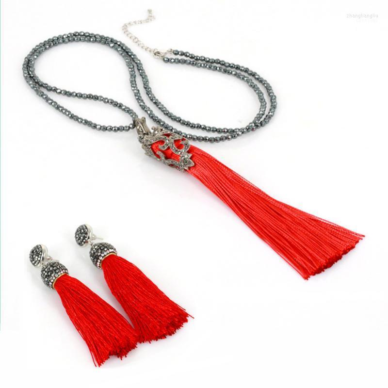 

Necklace Earrings Set & 2022 Bohemia Boho Red Silk Tassel With Studs Earring And Hematite Bead Chain Long Pendant Jewelry For Women, Picture shown