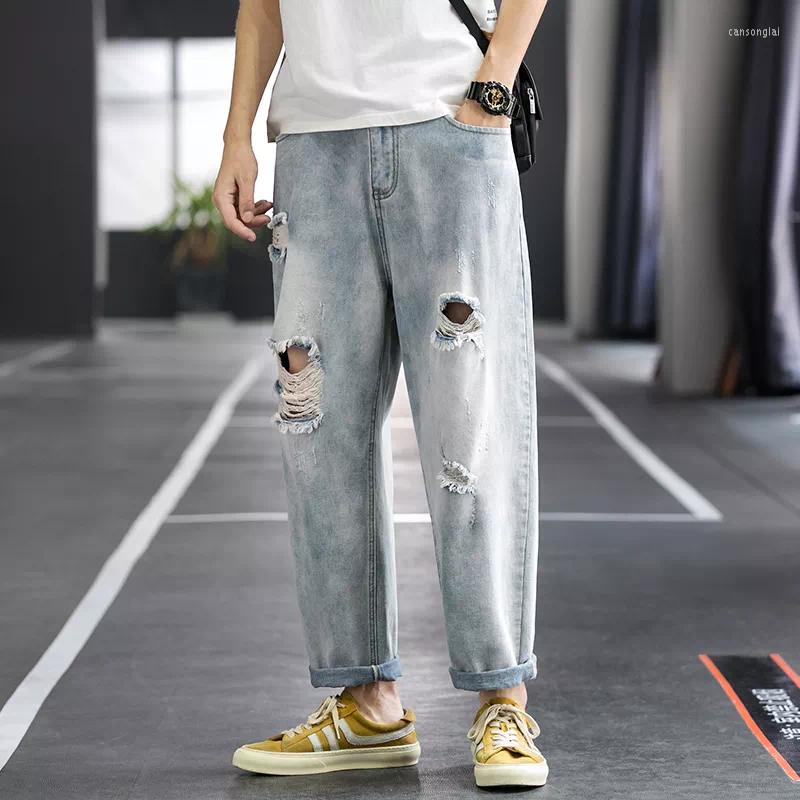 

Men's Jeans 2022 Spring Harajuku Man Streetwear Loose Casual Trousers Clothing Blue Men's Straight Hole Denim Pants, Cowboy blue