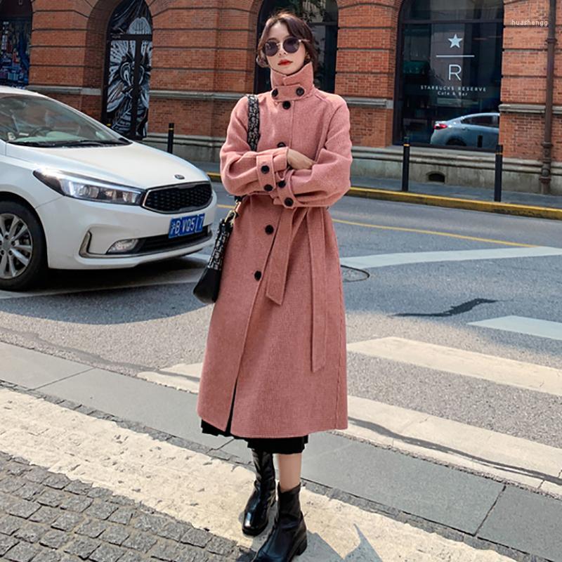 

Women' Wool Women' & Blends Winter Fashion Mid-Length Over High-Quality Korean Pink Plaid Double-Sided Cashmere Coat Thick Woolen, Photo color