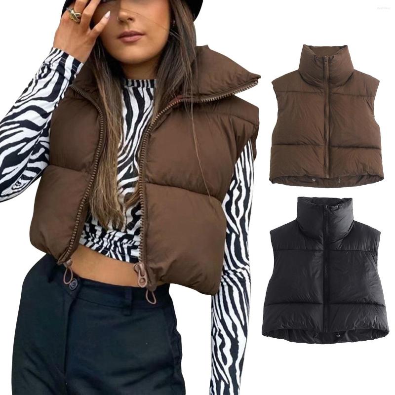 

Women' Vests Women' Bubble Vest Simple Vintage Stand Collar Cropped Padded Jacket Zip Casual Party Loose Warm Winter Coat, Black