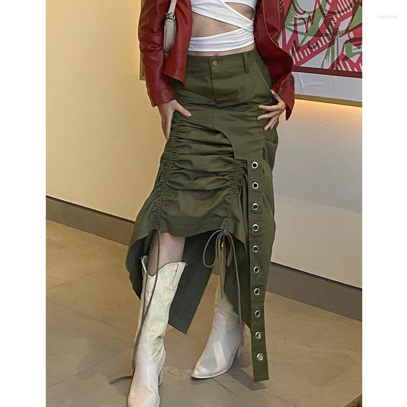 

Skirts Women Autumn 2022 Korean Style Personality Pleated Irregular Long Skirt Sweet Grunge Green Drawstring Y2k, Army green