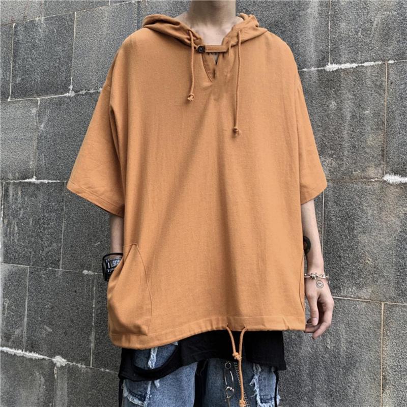

Men's Sweaters Half Sleeves Drawstring Men Hoodie Solid Color Simple Summer Tops Wear-resistant Colorfast Loose Type Pullover, Yellow