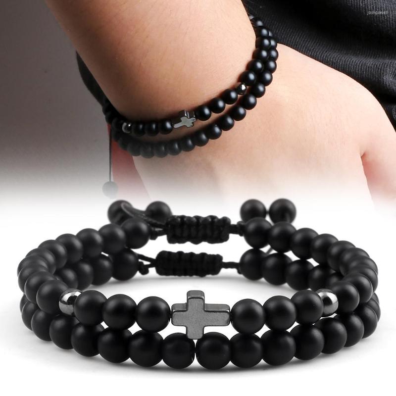 

Strand 2pcs Cross 6mm Beaded Bracelet Set Couple Distance Natural Tiger Eye Stone Onyx Lava Rock Bralcelets Handmade Bangles Jewelry