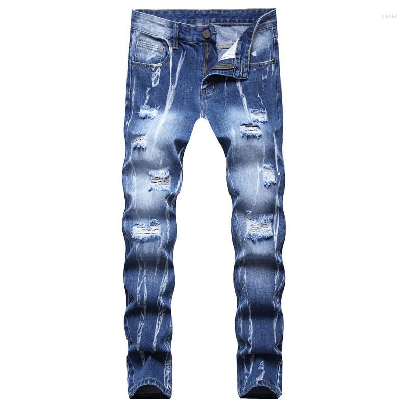 

Men's Jeans Tie Dye Men's Ripped Fashion Streetwear Casual Slim Fit Denim Pants Dark Blue Hole Zipper Trousers Size 28-42 Pantalones, 719