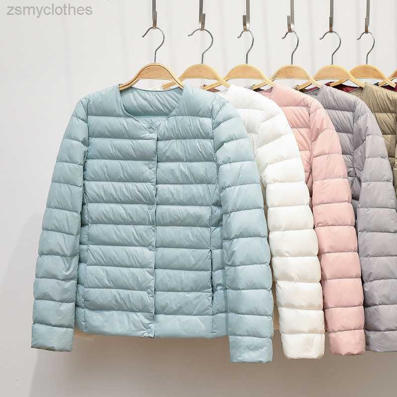 

2021 New Winter Women Down Coat Ultralight Collarless Duck Down Jacket Portable Female Padded Parkas O-Neck Puffer Overcoat, Pink