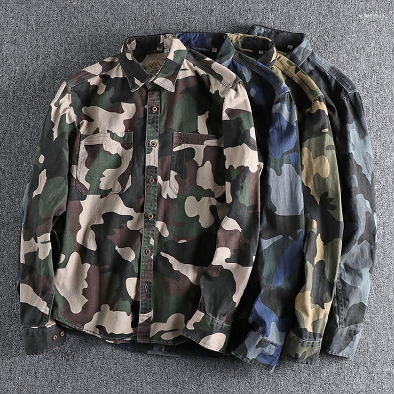 

Men's Casual Shirts Men's Autumn American Retro Woven Cargo Shirt Men's Fashion Pure Cotton Washed Old Long Sleeve Double Pocket, Yellow camouflage