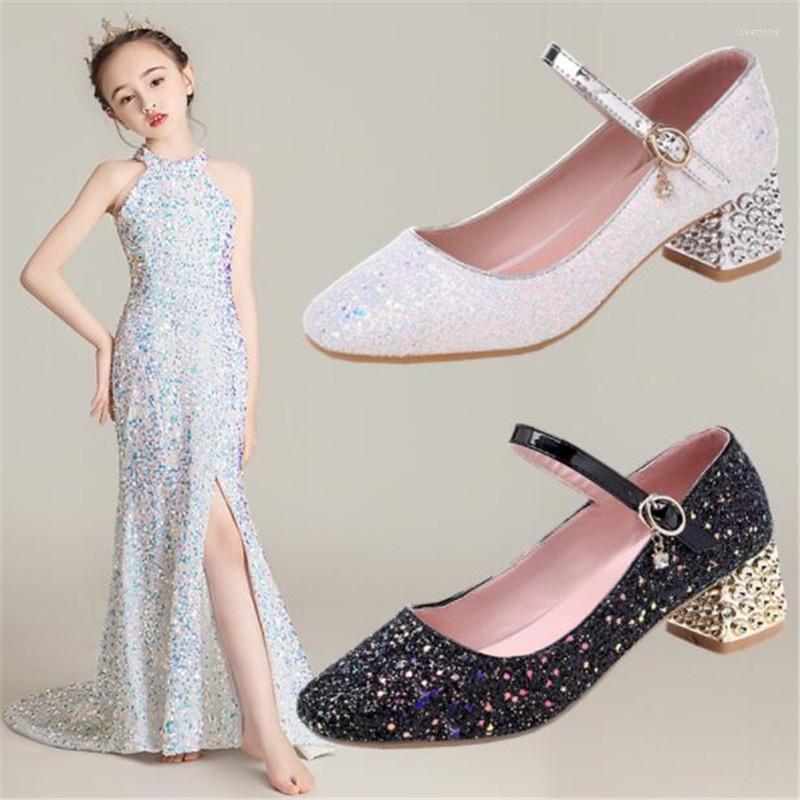 

Flat Shoes Girl Leather Black Princess Crystal High Heels Piano Performance Catwalk Kid Wedding Shoe, White 4.5cm
