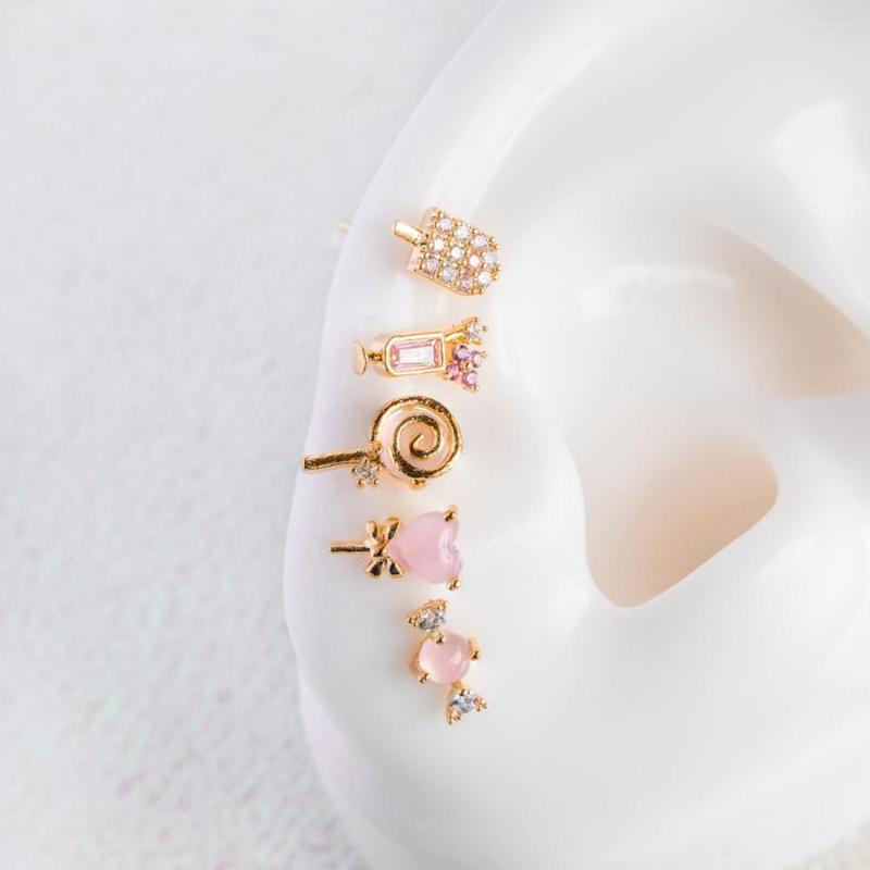 

Stud Earrings Cute Lovely Girl Rose Gold Colors Pink Stone Candy Cream Juice Tiny Small 5PCS Set 925 Sterling Silver Dainty Earring
