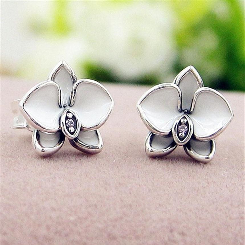

NEW White enamel flowers Stud Earring Original Box set Jewelry for Pandora 925 Sterling Silver Earrings for Women Girls whole2235