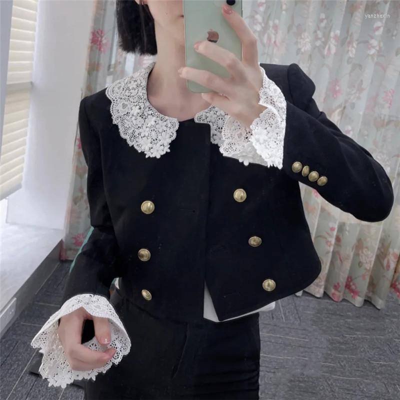 

Women' Jackets 2022 Autumn Doll Collar Lace Embroidery Long Sleeve Short Coat Women' Contrast Jacket, J8099