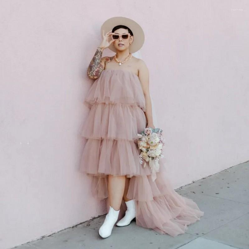 

Skirts Soft Tulle High Low Tiered To Birthday Party Engagement Dress Strapless Women Maxi Dresses Long Mesh Skirt, Rose red