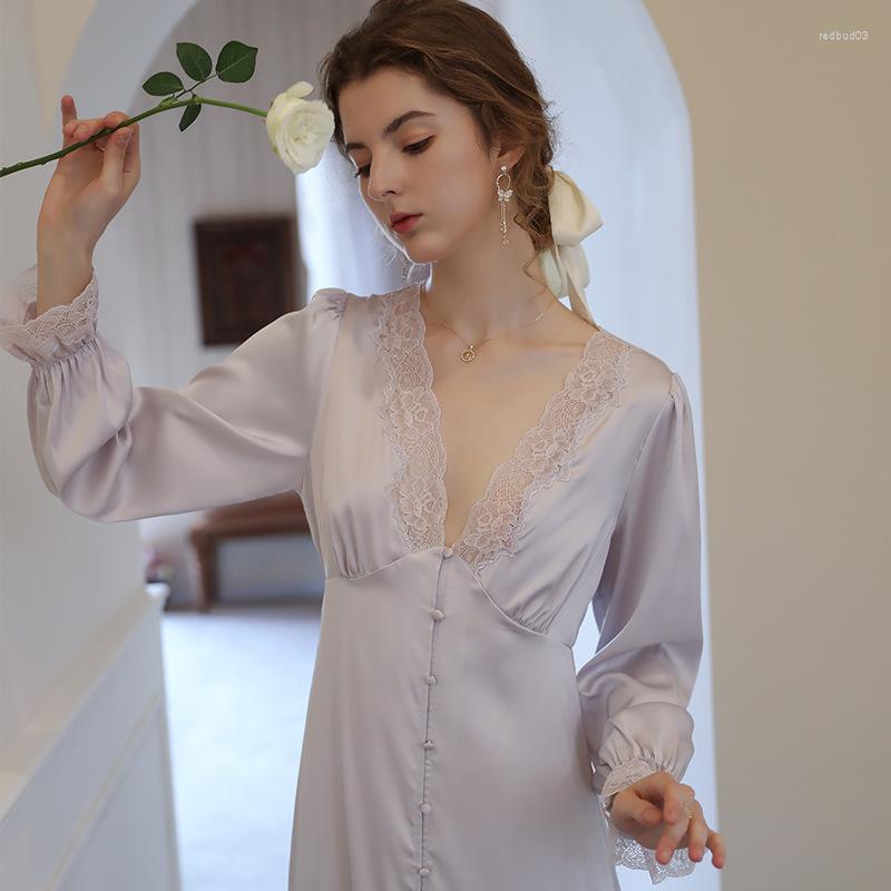 

Women's Sleepwear Spring Summer French Sexy Pajamas Women Ice Thin V-neck Long-sleeved Cardigan Nightdress Long Home Clothes Sleep, White