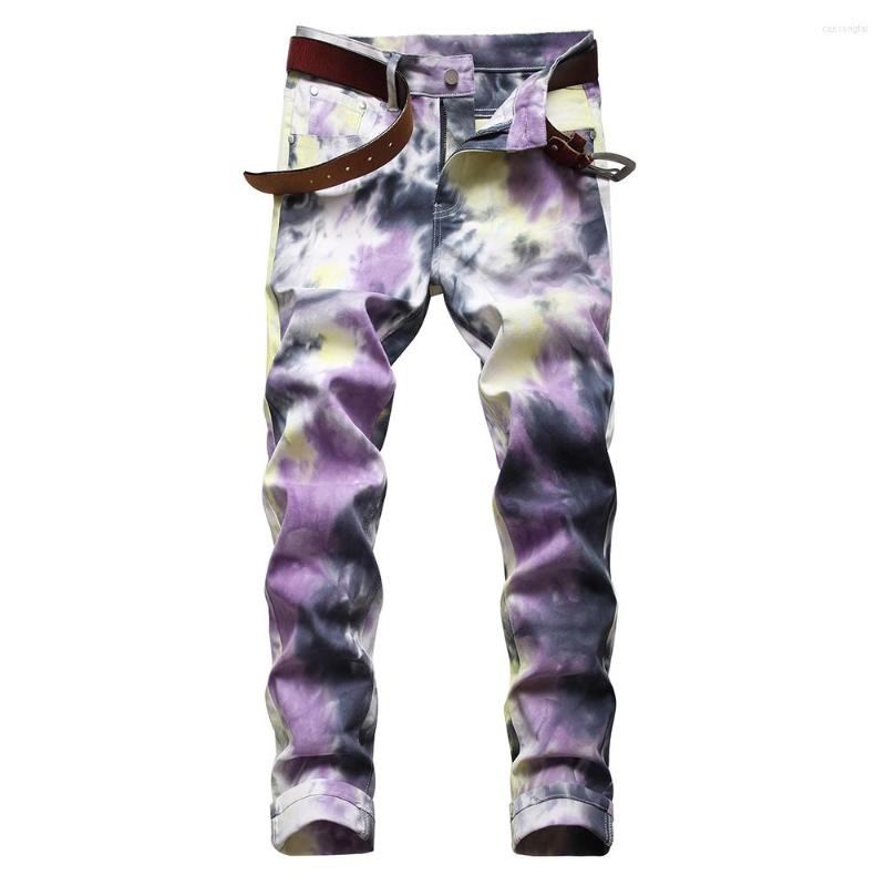 

Men's Jeans 2022 Spring Autumn Men's Fashion Tie And Dye Stretch Denim Trendy Fancy Color Purple Printed Pants Slim Fit Straight, Multi
