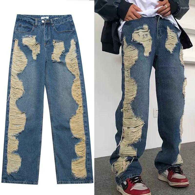 

Men' Jeans Harajuku Vintage Blue Tattered Loose Mens Y2K Streetwear Goth Punk Oversized Casual Pants Womens Wide Leg Bermuda Grunge