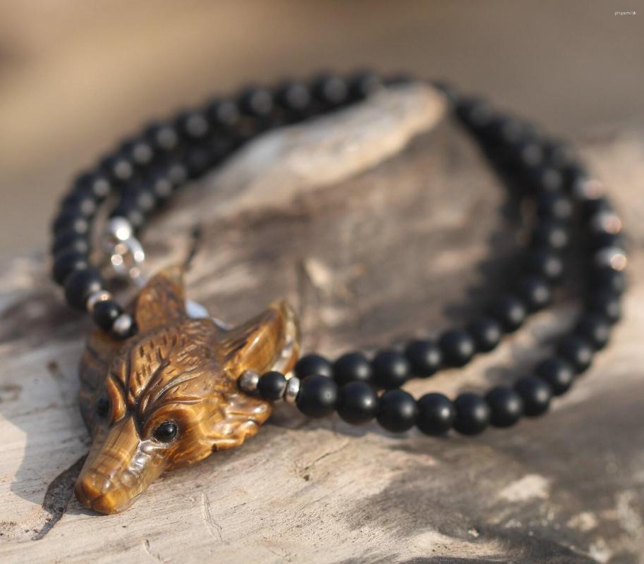 

Choker Wolf Spirit Protection Necklace Tiger Eye & Black Onyx Kambaba Jasper