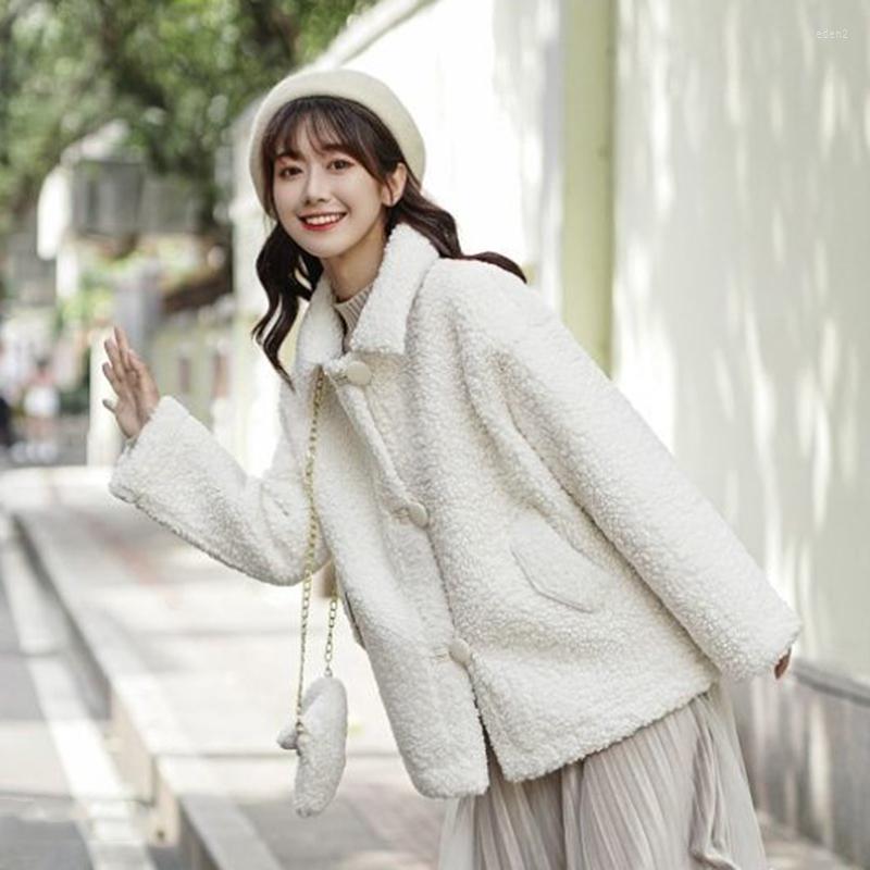 

Women's Fur Faux Thicken Coat With Bag For Women Warm Soft Loose Lamb Jacket Female 2022 Winter Kawaii Button Plush Overcoat Cute, White