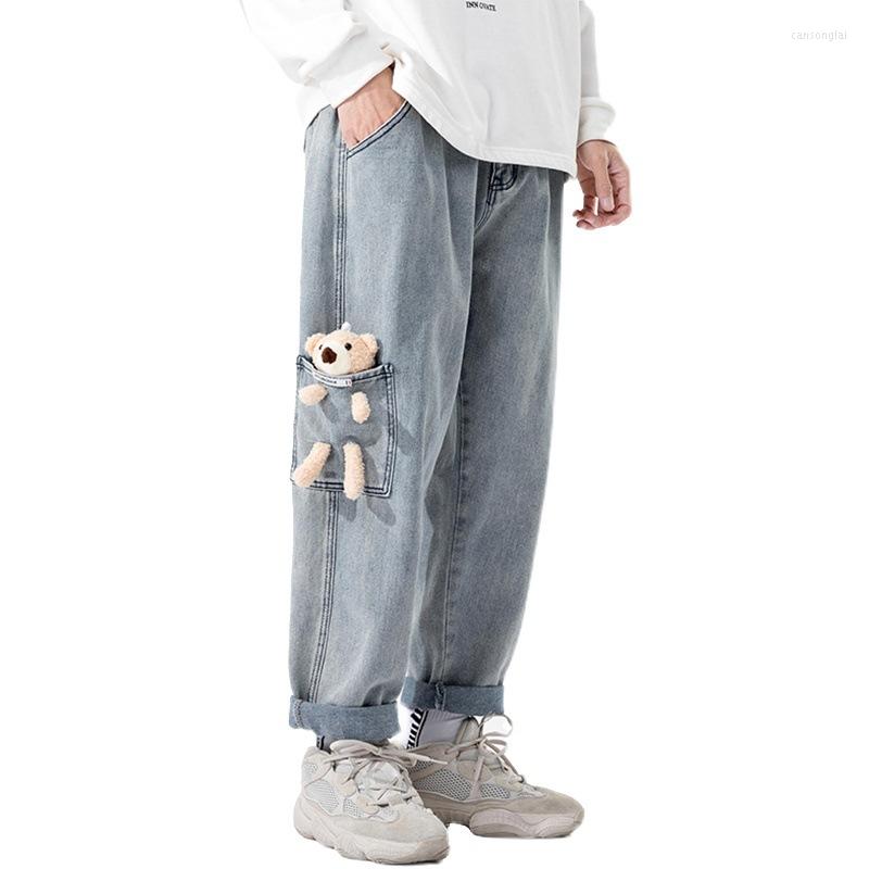 

Men's Jeans Retro Wide Legs Men's Solid Color Casual Straight Jean Pants Men Streetwear Hip Hop Denim Bear Trousers Mens -5XL, Jeans with bear