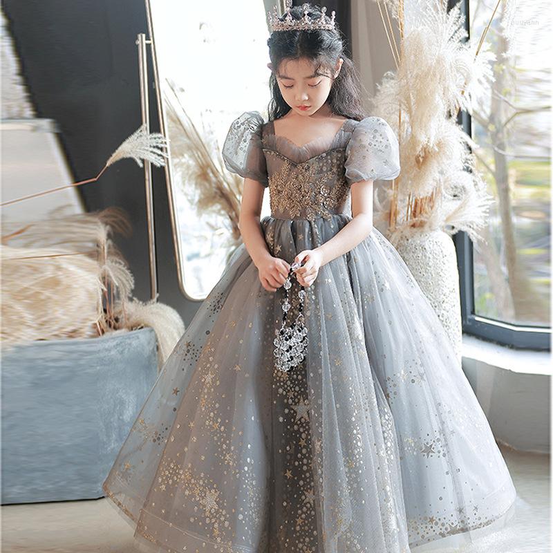 

Girl Dresses Luxury Applique Flower Dress Princess Puff Sleeve Elegant Starry Collection Children's First Communion Christmas Gonws, Grey mid