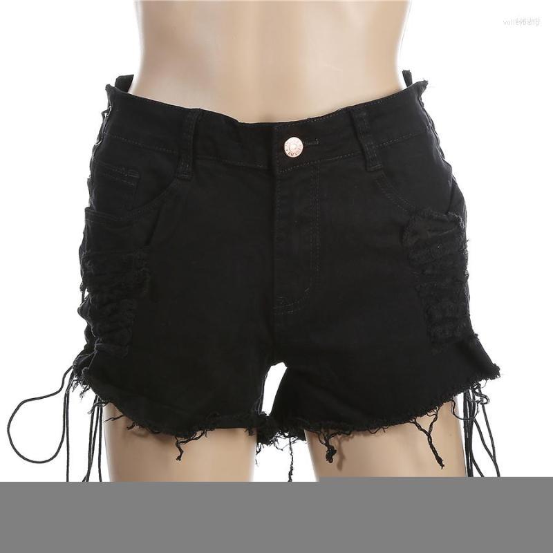 

Women's Shorts Women's Sexy Summer Women Denim Black/White Ripped Short Jeans High Waisted Tassel Elastic Lace Up Bandage Pants Size