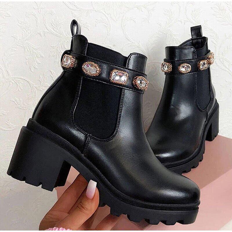 

Boots 2022 Women Ankle Crystal Rhinestone Slip On Platform PU Leather Women's Booties Spring Autumn Females Footwear Plus Si, Color