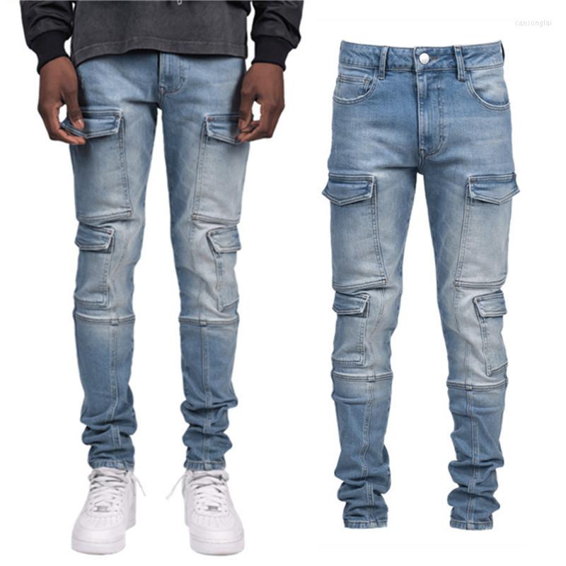 

Men's Jeans Multi-pocket Men's Slim Stretch Trend Pencil Pants Full Length Solid Color Trousers Denim, Blue