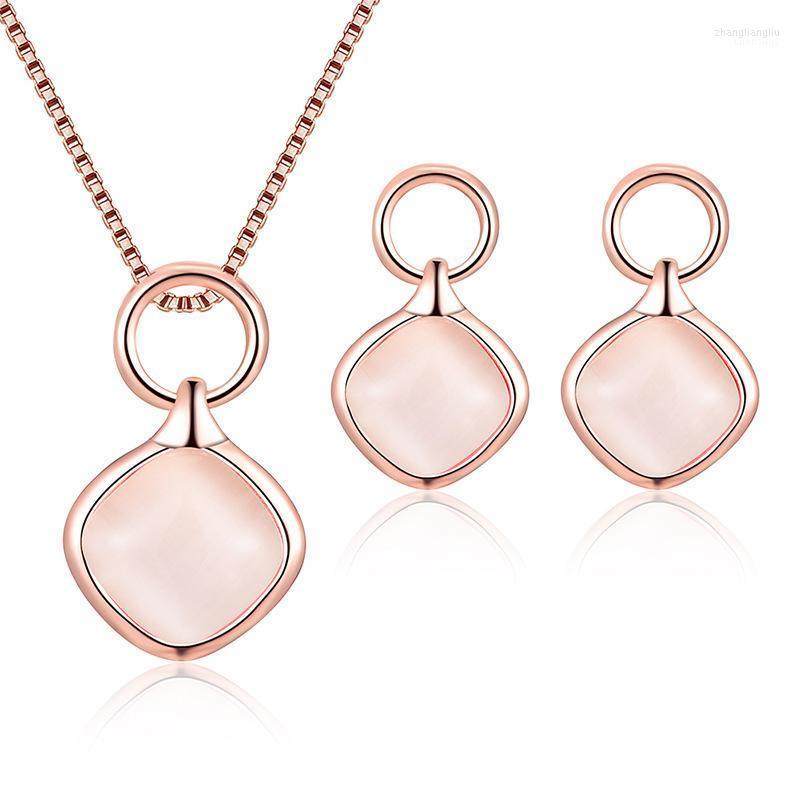 

Necklace Earrings Set & Dubai 2022 Round Geometric Square Opal Pendant Necklace&Drop For Women Bride Wedding Jewellery, Picture shown
