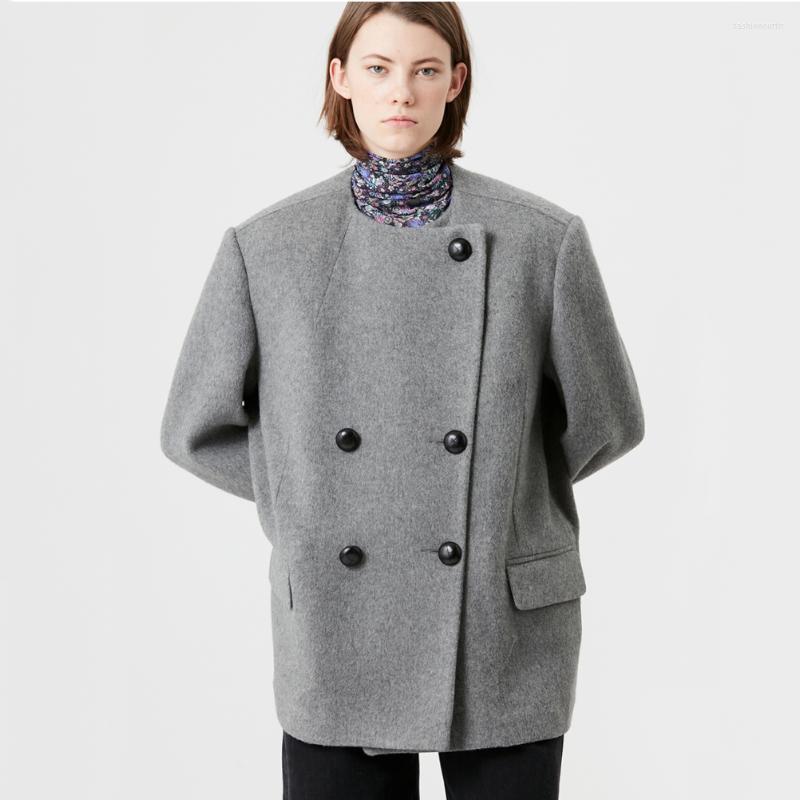 

Women' Jackets 2022 Autumn And Winter Fashion Loose Wool Woolen Coat Retro Elegant Round Neck Double Breasted Design Sense Women, Grey