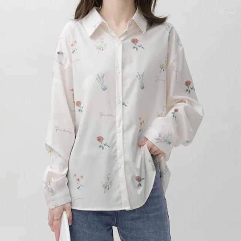 

Women's Blouses Women's & Shirts 2022 Spring Korean Fashion White Print Women Turn-Down Collar Big Size Loose Tops Long Sleeve Button