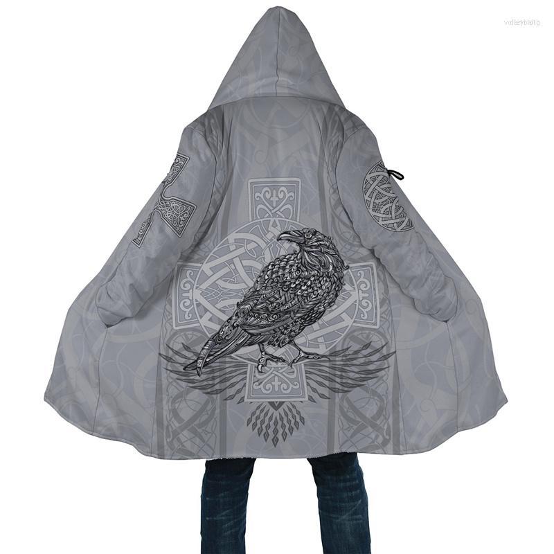 

Men' Trench Coats Men' Men' Hooded Cloak Viking Odin Raven Yggdrasil Tattoo 3D Print Winter Fleece Neutral Casual Thicken Warm, Black