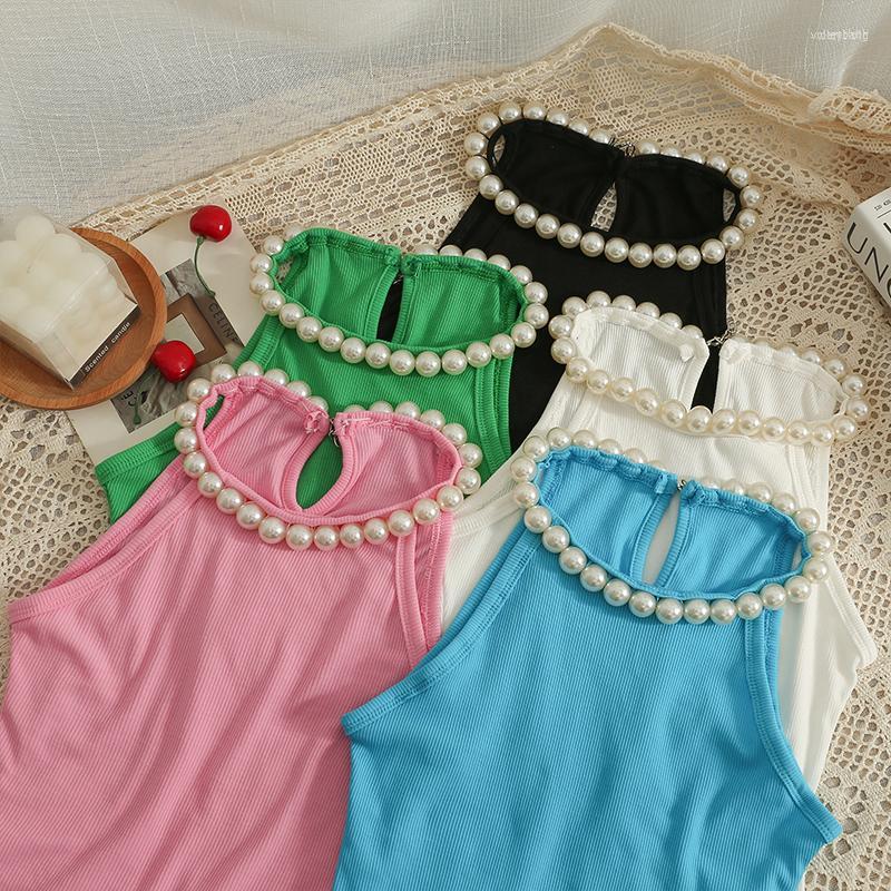 

Women's Tanks Women's French Chic Pearl Haulter Tops For Women Halter Knitted Camisole Sleeveless Cami Crochet Vest Sweet Camis Sexy, White