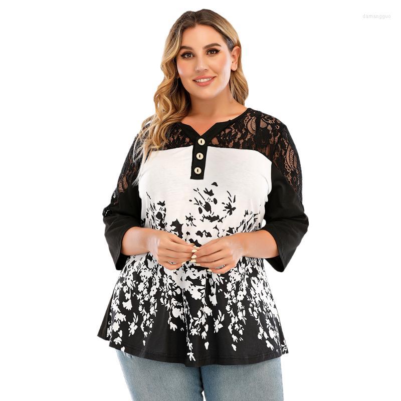 

Shirt Women's Plus Size 2022 Women Elegant Stylish Party Tunic Top Female Fashion Lace Patchwork See Through Mesh Sleeve Floral Print, Black