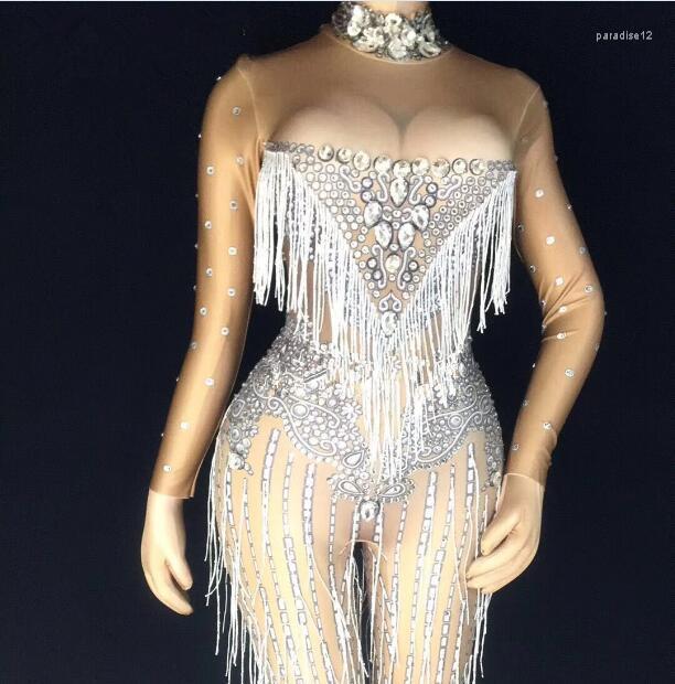 

Stage Wear Women Long Sleeve Nude Rhinestone Skinny Tassel Clubwear Costume Bar Party Show Jumpsuit Female Dance Outfits, Silver