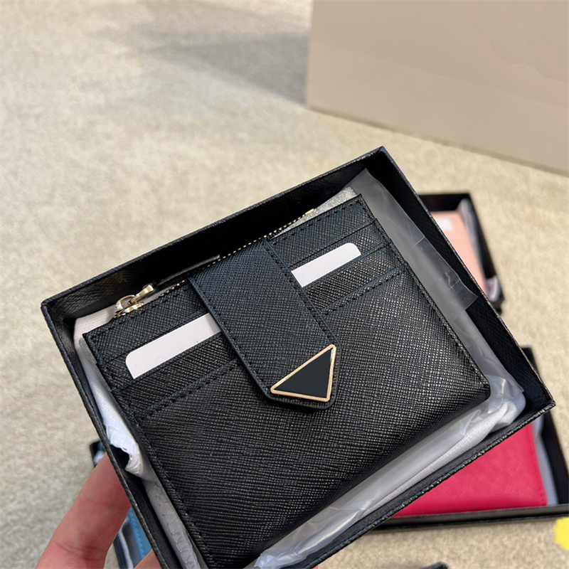 

Saffiano Designer Wallets Mens Wallet Women Purse Leather Triangle Mini Luxury Card Holder, Black with box