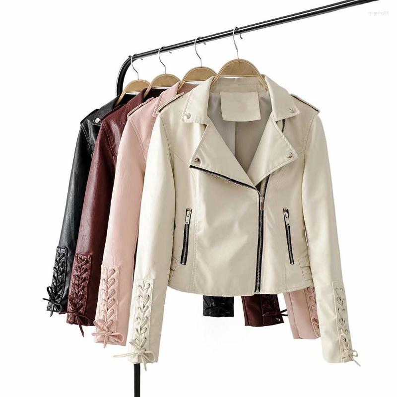 

Women' Leather 2022 Fashion Zipper Cuffs Tie Short Section Slim PU Jacket, Black