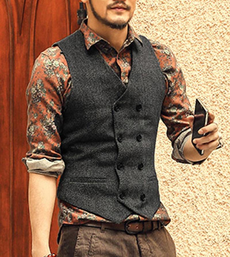 

Men's Vests Mens Suit Vest Herringbone Slim Fit Vintage Waistcoat Casual Wool Business Groomman For Wedding, Black