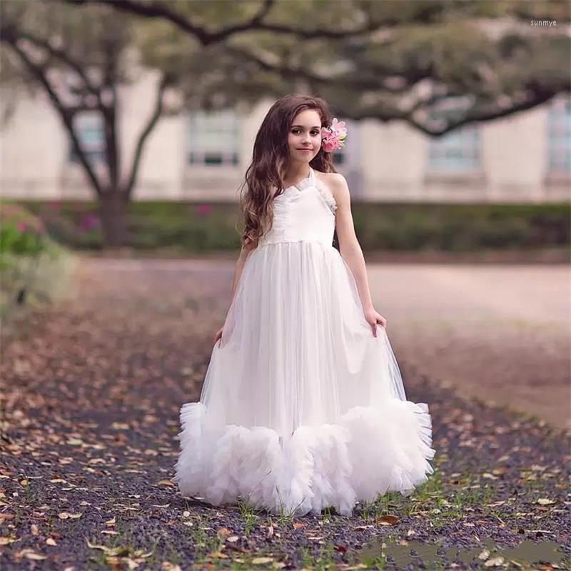 

Girl Dresses White Halter Collar Flower Floor Length Ruffles Custom Made Tulle Sleeveless Pageant Dress, Black