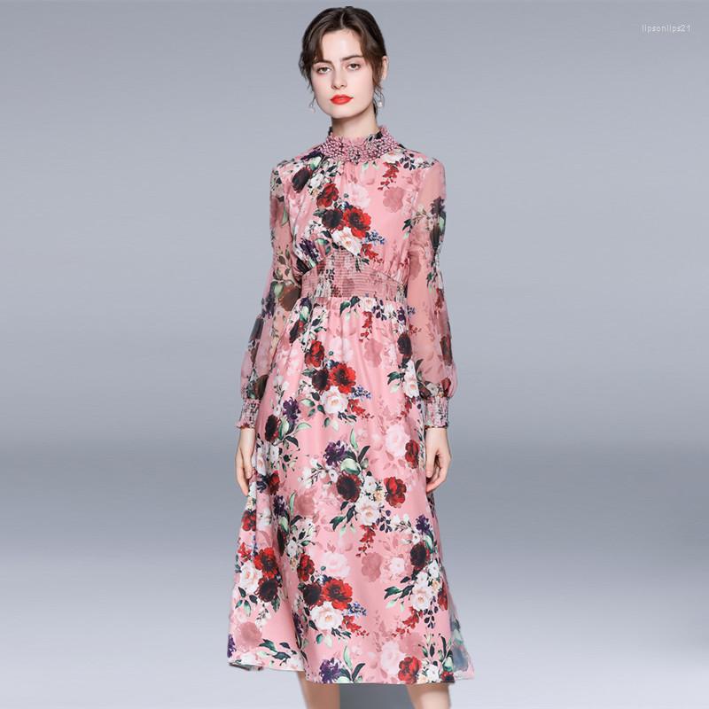 

Casual Dresses High Quality Women' Runway Boho Floral Summer Flower Print Beading Stand Collar Elastic Waist Party Chiffon Long Dress, Picture color