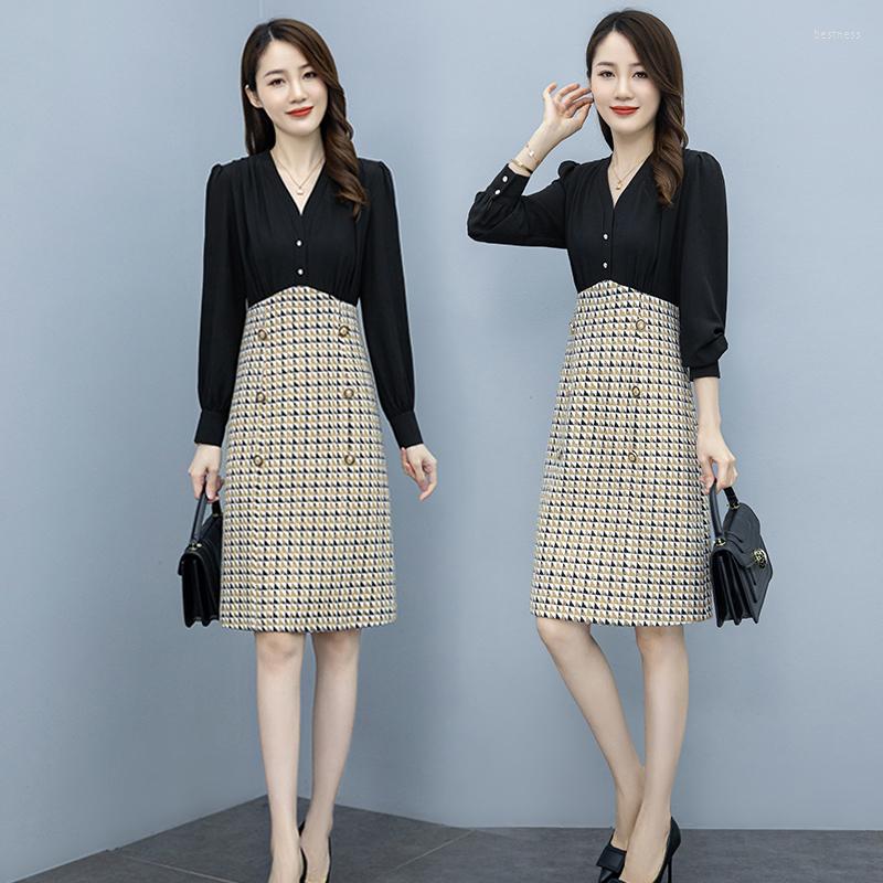 

Casual Dresses 2022 Spring Autumn Women Dress Office Lady Long Sleeve Patchwork, Gray