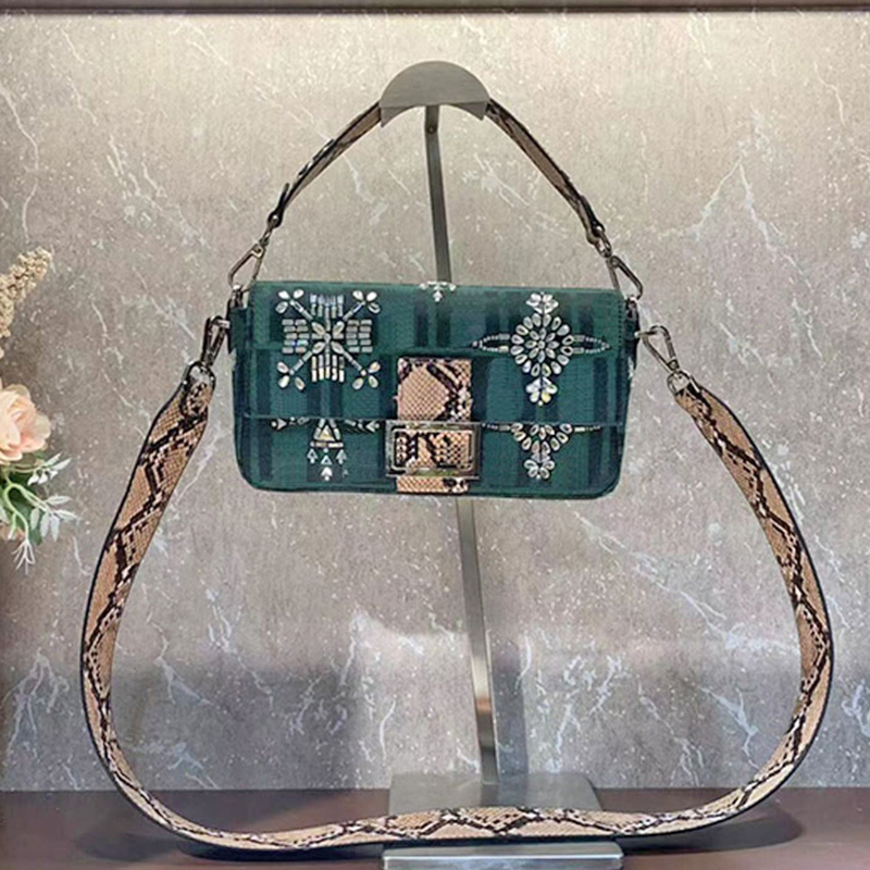 

Rhinestone Baguette Bags Flap Crossbody Shoulder Bags Women Handbags Purse Canvas Leather Old Flower Fashion Letter Buckle Removable Serpentine Strap Pouch, #1