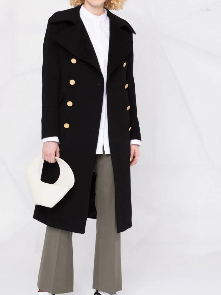 

Women' Wool Women' & Blends Fall Winter Coats 2022 Classic Black Big Lapel Overcoat Elegant Double Breasted Back Sashes Pleated