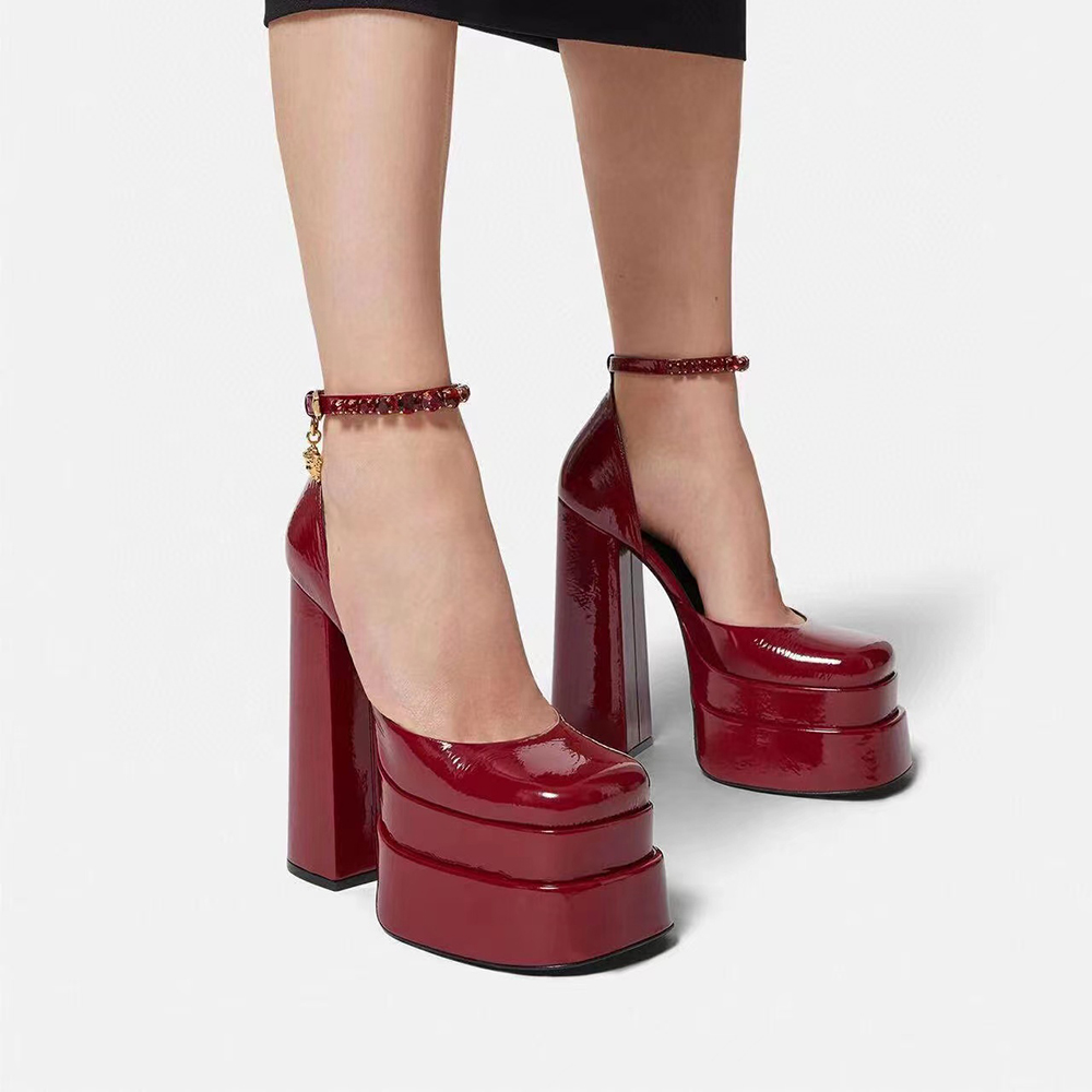 

Pumps shoes Crystal-Embellished shoes Burgundy Patent leather platform chunky high Heels sandals women's Luxury Designers Dress shoe Evening factory footwear, Gifts are not sold separately