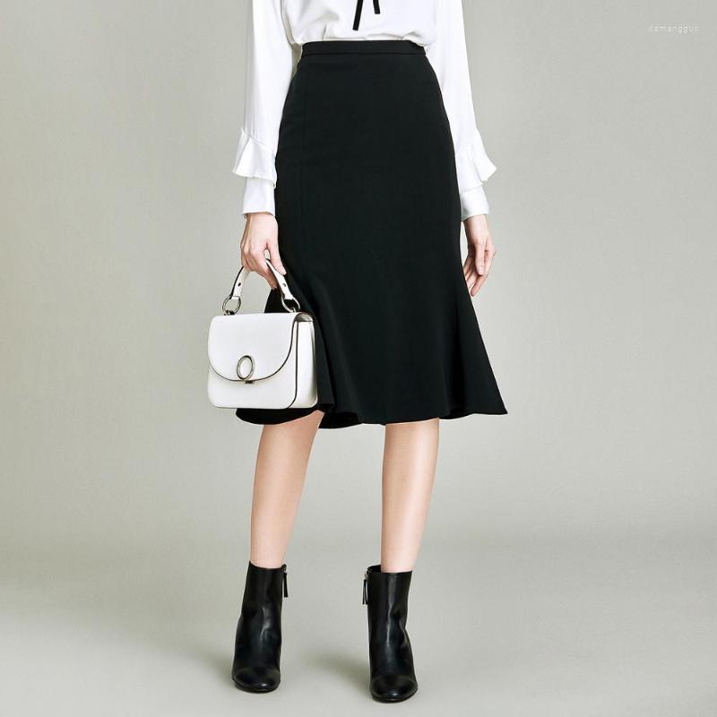 

Skirts HAVVA Autumn And Winter Black Midi High Waist Ruffles Fishtail Skirt Streetwear Q40550