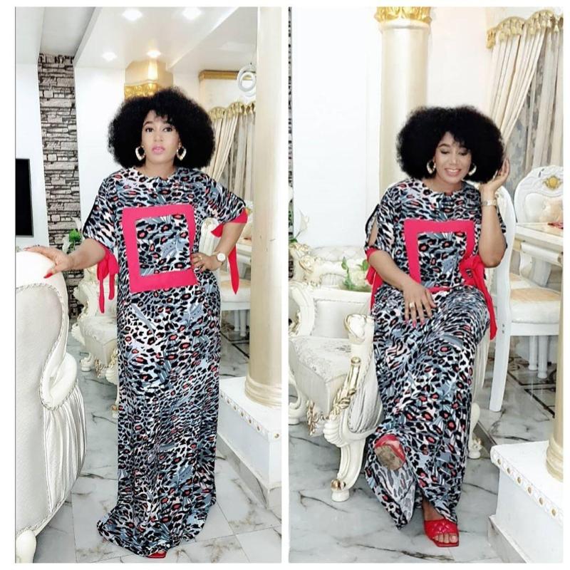 

Casual Dresses African Woman Dress Leopard Printing Knitted Polyester O-neck Short Sleeve Plus Size Elegant Stretch Long, Multi