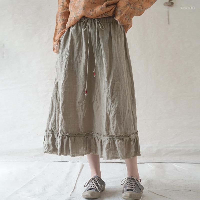 

Skirts Johnature Women Ramie Vintage Elastic Waist Belt Solid Color Patchwork Clothes 2022 Summer A-Line, Gray