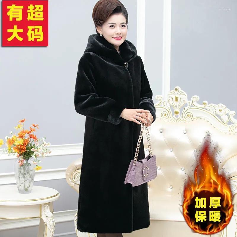 

Women's Fur Mink Coat Female Long Whole Autumn And Winter Thicken Velvet Mid-Elderly Mother Faux 6XL, Black hooded
