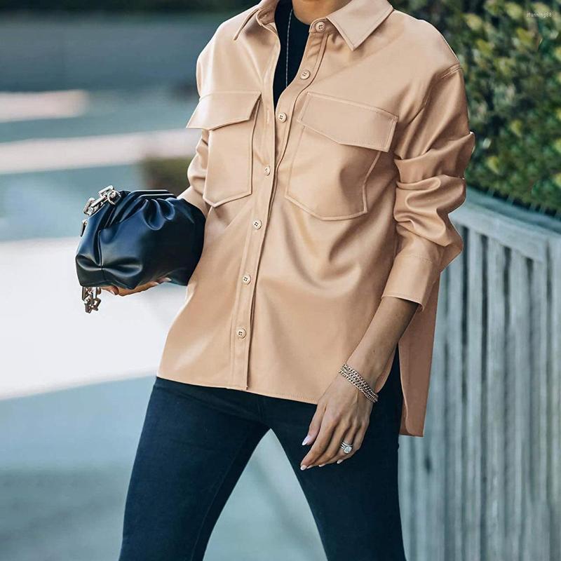 

Women' Leather Women' Casual Short Sleeve Jacket With Chest Pocket Button Artificial PU Faux Blouse Office Lady Wear, Black