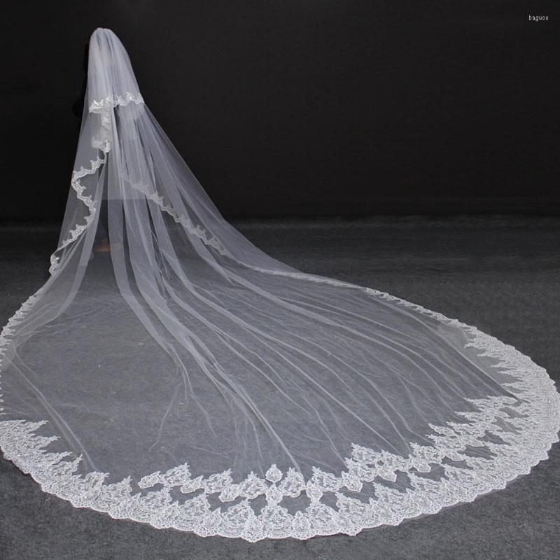 

Bridal Veils High Quality 5 Meters Neat Sparkle Sequins Lace Edge 2T Wedding Veil With Comb 5M Long Luxury 2 Layers, White