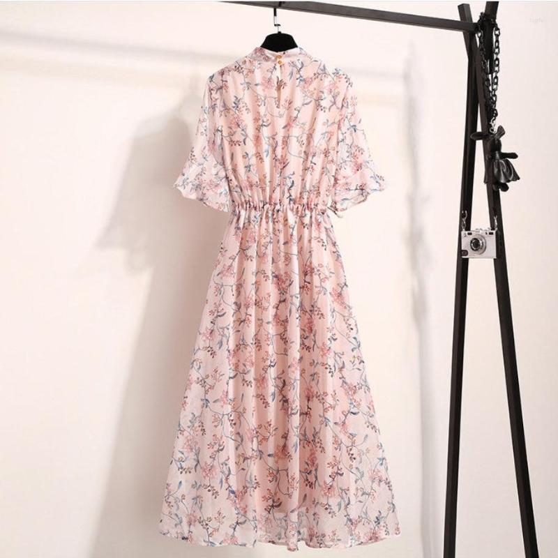 

Party Dresses Vintage Sweet Floral Print Cutout Lace Up Diagonal Half Lotus Leaf Sleeve -Length A-Line Chiffon Pink Coctail Dress