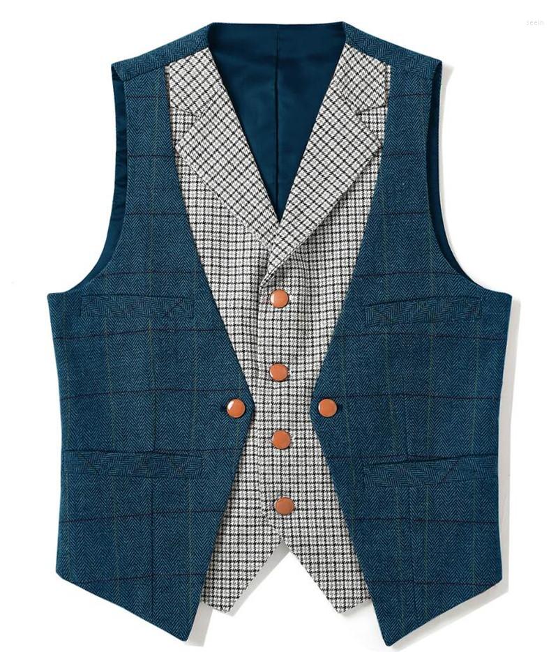 

Men's Vests Plaid Vest Male Collar Splicing Tweed Men's Business Waistcoat Wedding, Brown
