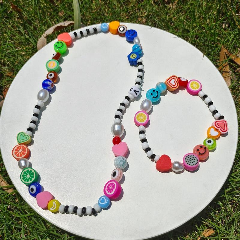 

Choker Dvacaman Handmade Mixed Fruit Heart Beads Polymer Clay Necklace For Women Black And White Beaded DIY Jewelry Gift